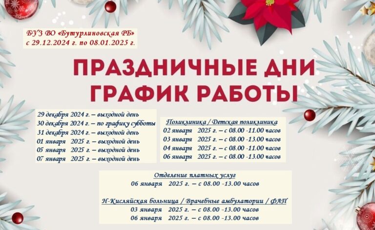 График работы БУЗ «Бутурлиновская ЦРБ» (поликлиники) в новогодние праздники